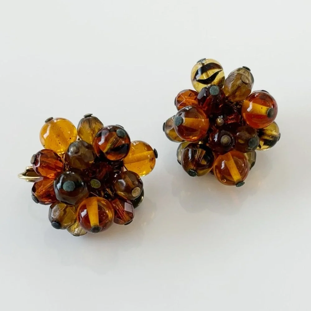 Vintage Marvella Cluster Bead Clip On Earrings Amber